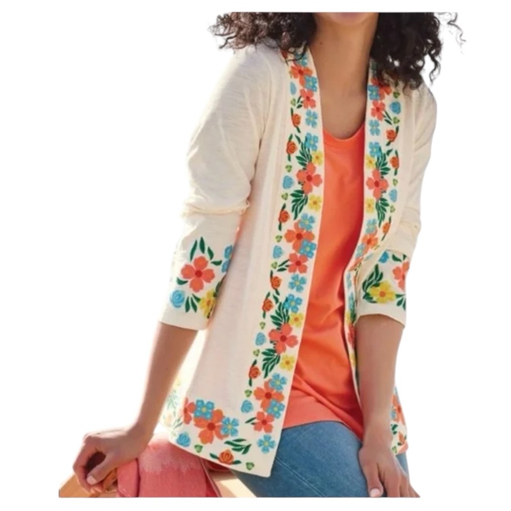Soft Surroundings Huli Topper Floral Embroidered Open Cardigan